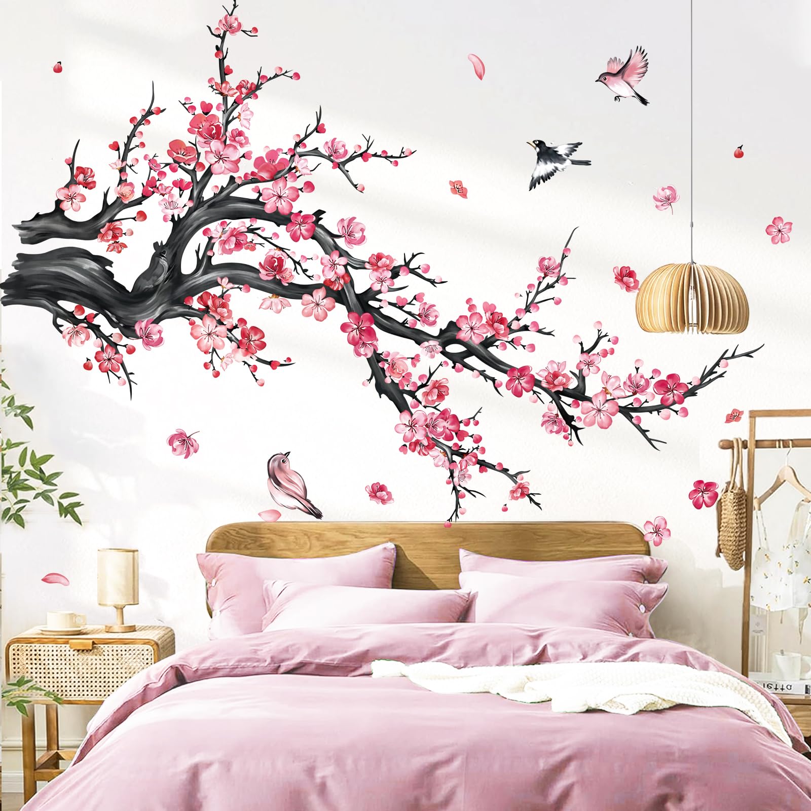 decalmile Pink Flower Branch Wall Decals Watercolor Blossom Floral Tree Branches Wall Stickers Living Room Bedroom Sofa TV Background Wall Decor