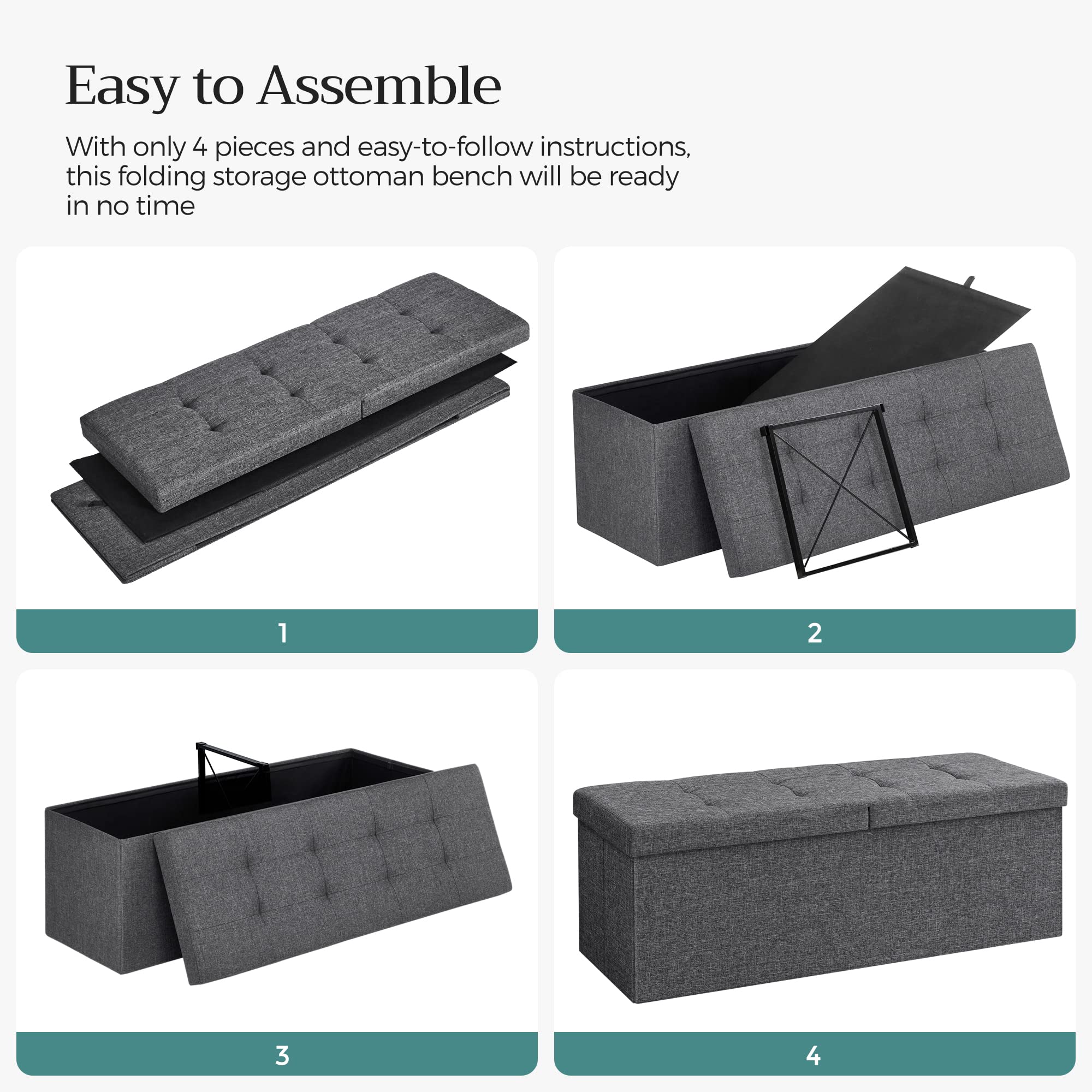 SONGMICS MAZIE Collection - 43 Inches Storage Ottoman, Foldable Storage Bench with Flipping Lid, 660 lb Load Capacity, for Entryway, Living Room, Bedroom, Dark Gray ULSF76GYZ