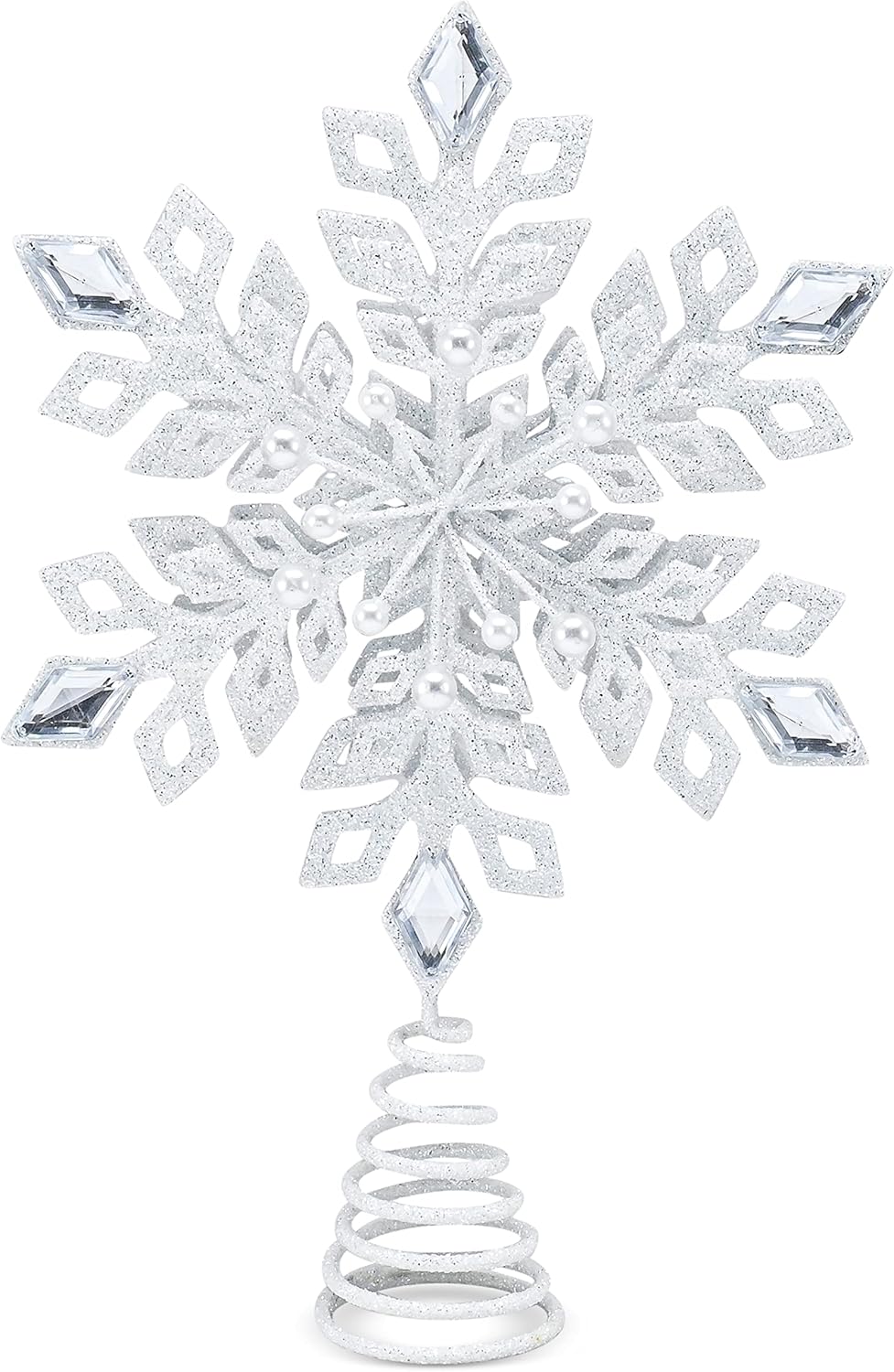 Tree Toppers - Ornativity Glitter Snowflake Tree Topper - White Sparkling Christmas Tree Decoration with Gem Design