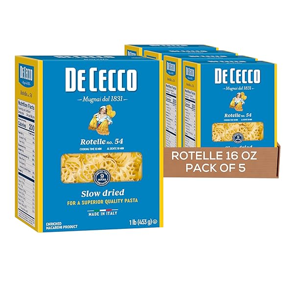 DE CECCO ROTELLE NO. 54 PASTA, 16 OZ (PACK OF 5), AUTHENTIC, SLOW DRIED, MADE WITH DURUM WHEAT, VERSATILE PASTA FOR SAUCES & RECIPES, MADE IN ITALY