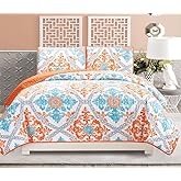 VGI Linen 3-Piece Fine Printed Quilt Set Reversible Bedspread Coverlet King Size Bed Cover (Turquoise, Blue, White, Grey, Orange)