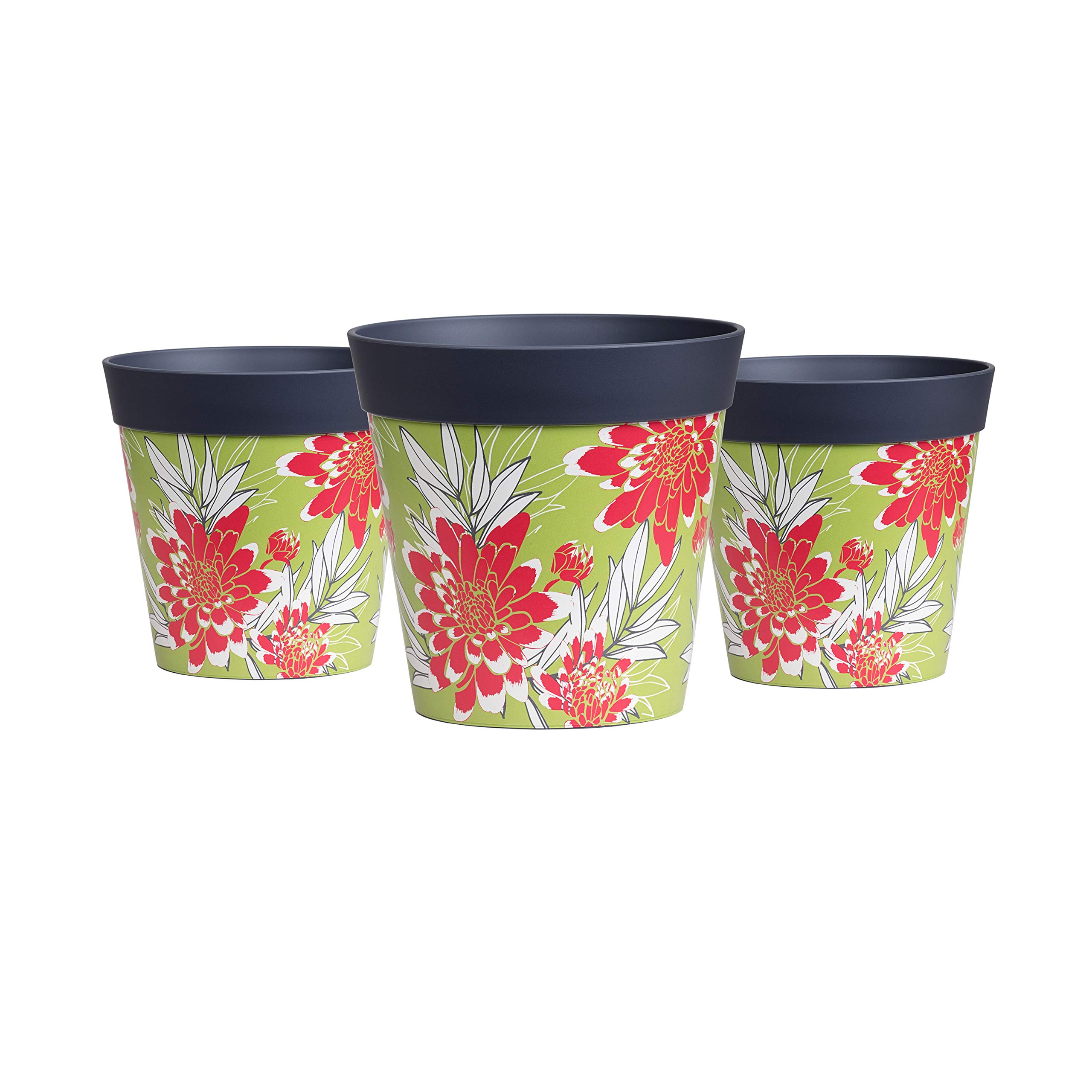 Hum Flowerpots Plant Pots, set of 3 grey green and red floral, colourful planters indoor/outdoor plastic pots 15cm x 15cm (14 designs available)