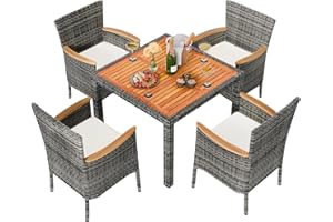Shintenchi 5 Piece Patio Dining Set, Wicker Patio Conversation Set with Wooden Table Top, Outdoor Table and Chairs with Soft Cushions for Backyard, Deck and Garden, Grey Wicker