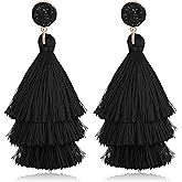 CASSIECA Tassel Statement Earrings for Women Clip On Drop Earrings Colorful Bohemian Tiered Tassel Druzy Dangle Drop Earrings Non Piercing Jewelry Birthday Christmas Valentines Day Gift