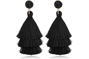 CASSIECA Tassel Statement Earrings for Women Clip On Drop Earrings Colorful Bohemian Tiered Tassel Druzy Dangle Drop Earrings Non Piercing Jewelry Birthday Christmas Valentines Day Gift