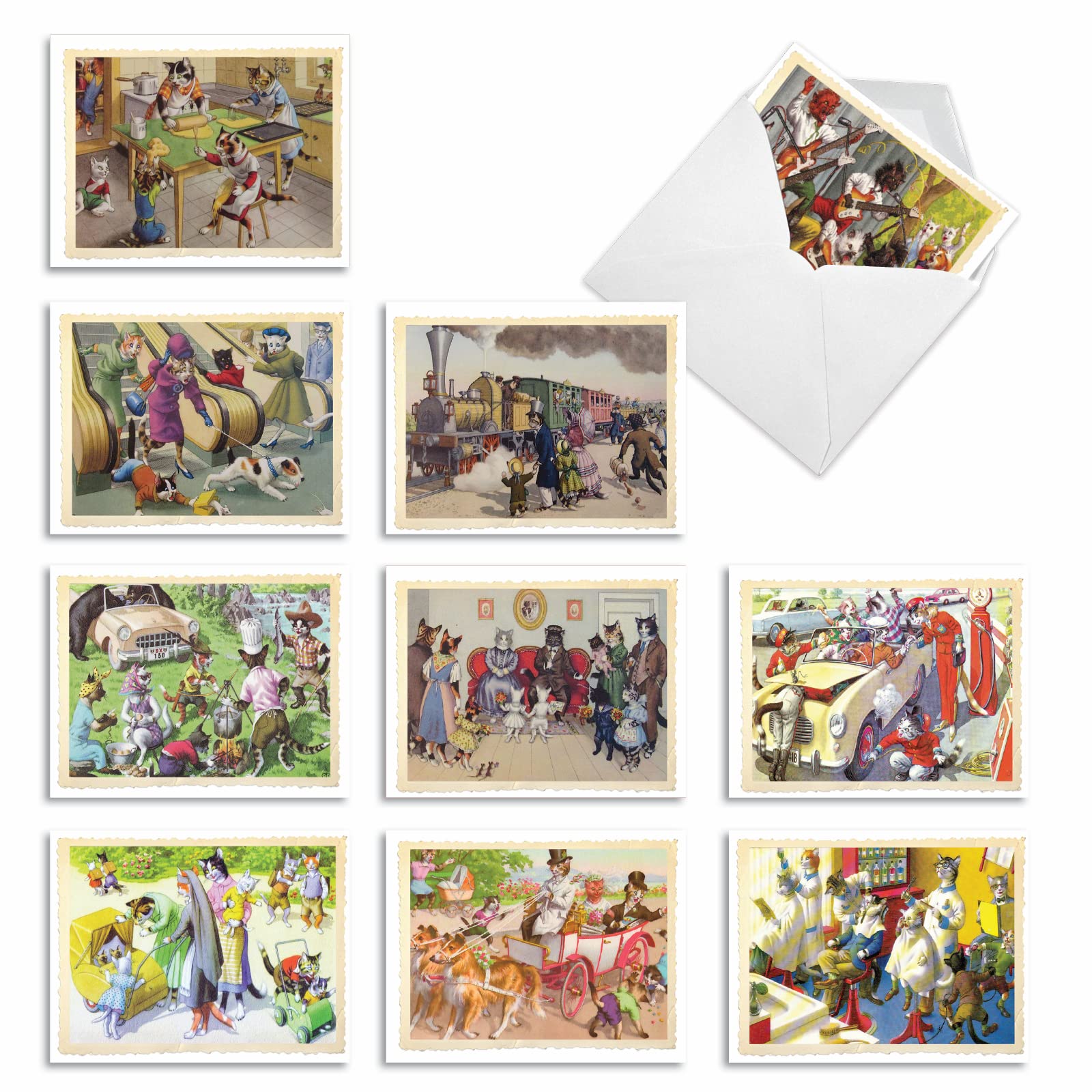 M6473TYGsl Cats Are People Too: 10 Assorted Thank You Note Cards Vintage Style Postcards Featuring Felines Engaged in Everyday and Leisure Activities, w/White Envelopes. by The Best Card Company