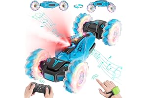 CoziBB Gesture Sensing RC Stunt Car, Remote Control Car for Ages 6-12, with Spray Lights Music, Birthday Gift for Boys Girls, 4WD 360° Spins All Terrains RC Cars for Kids (Blue)
