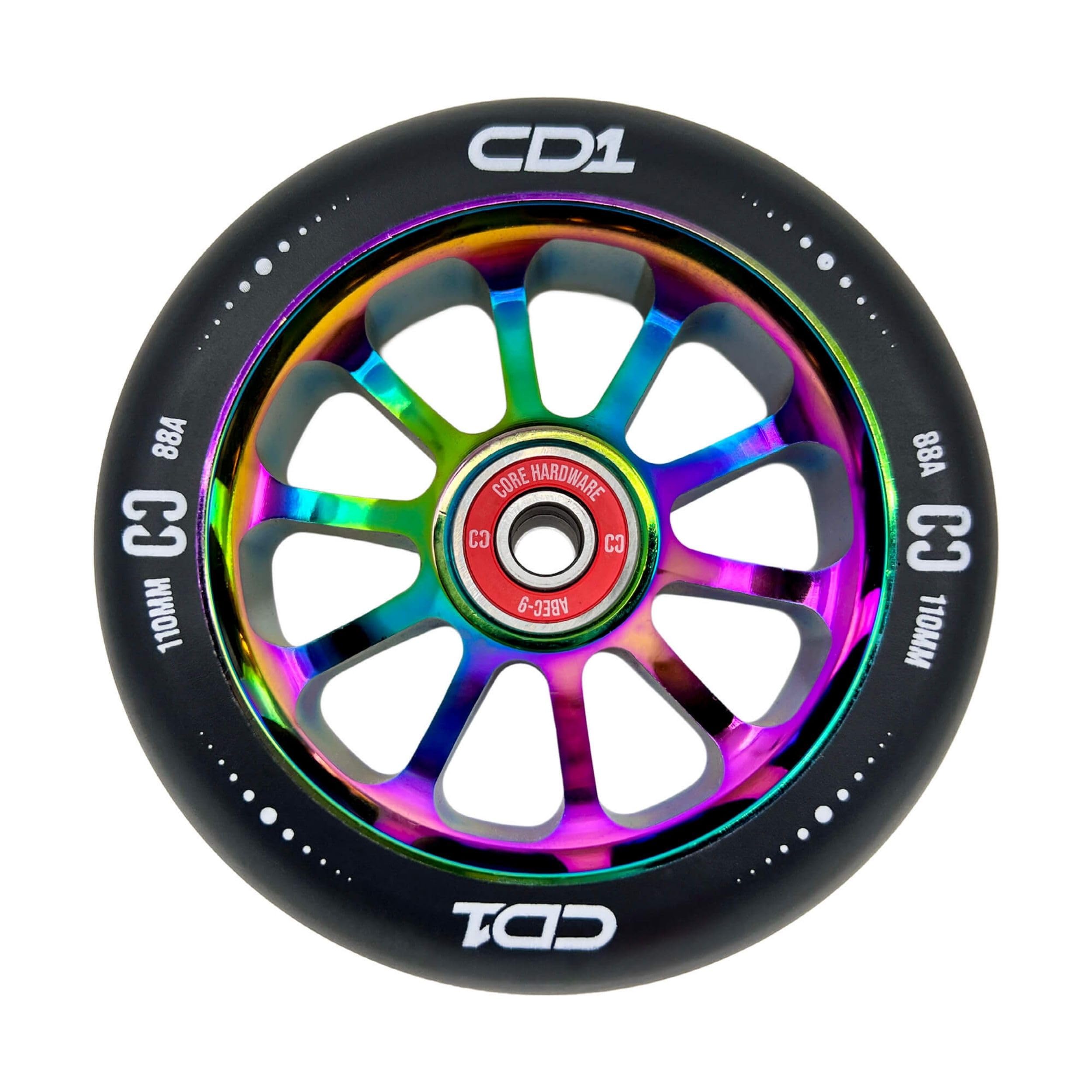 CORE CD1 Spoked Stunt Scooter Wheel 110mm ABEC 9 Bearings (Replacement Pro Scooter Wheels) - Black/Neochrome