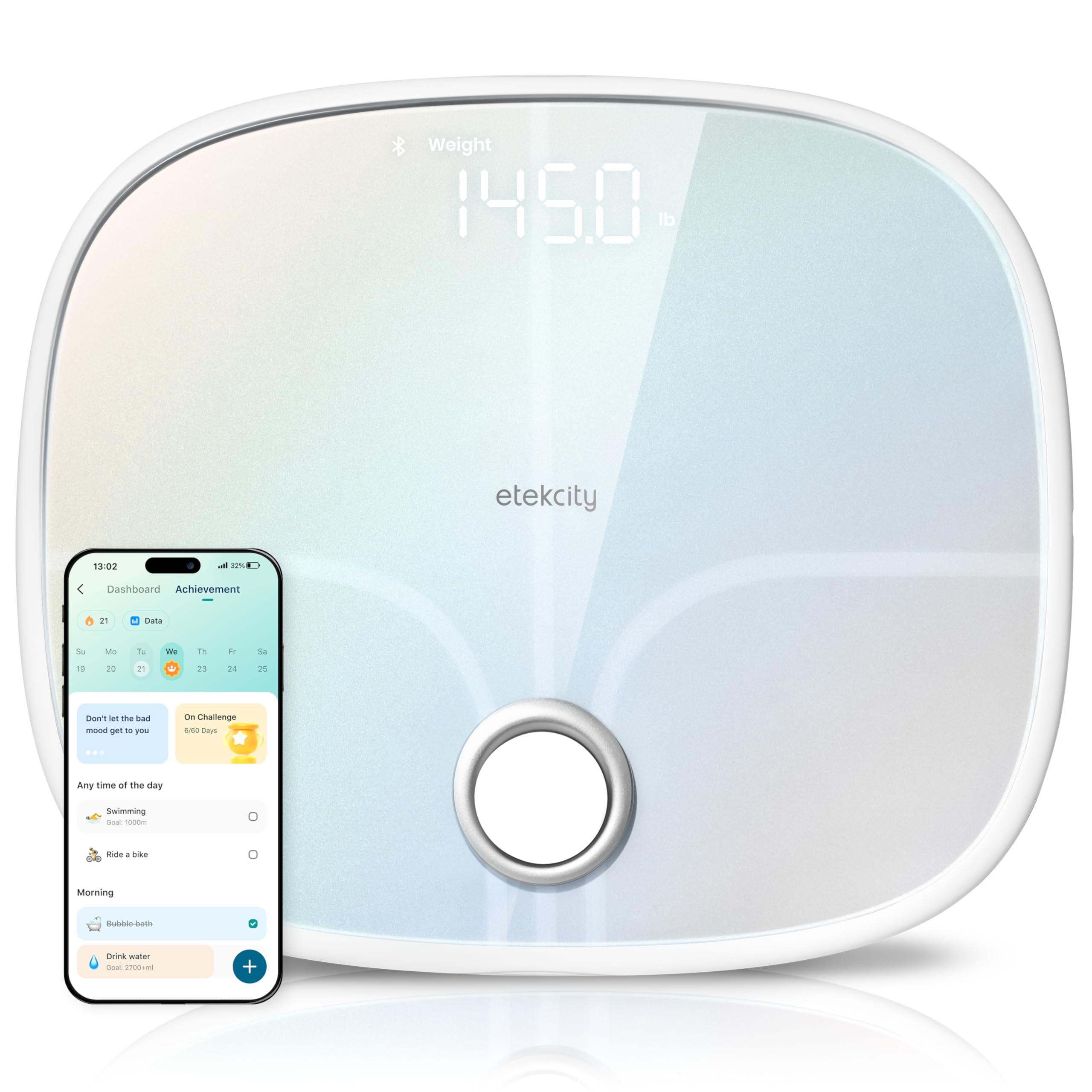 Photo 1 of Etekcity Smart Rechargeable Scale for Body Weight, BMI, Fat, Muscle Mass, FSA&HSA Eligible, Digital Bathroom Scale with 13 Metrics, Secret Mode, Bluetooth Connect to Free Apps, Rainbow White