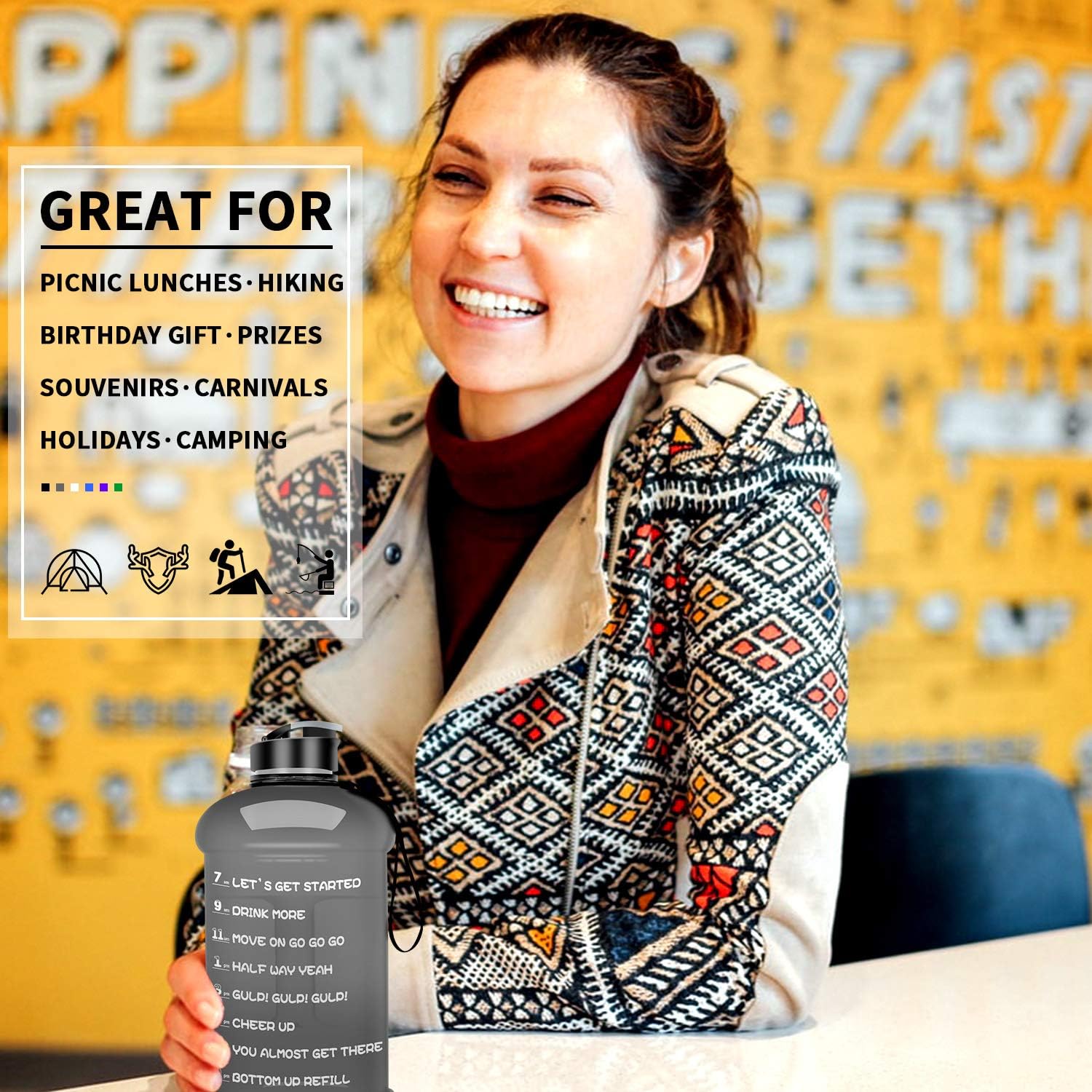 TOOFEEL Dishwasher Safe 2.2L Big Reusable Sports Water Bottle 75oz Half Gallon Water Jug with Mitivational Time Marker Container Large Capacity Canteen BPA Free Leak-Proof for Gym Fitness Athletic