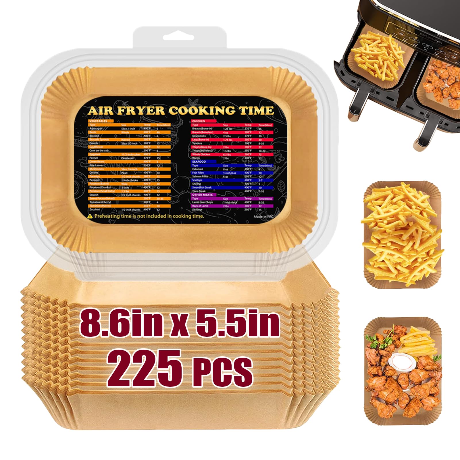 225PCS Air Fryer Disposable Paper Liners for Ninja DZ201/DZ401/DZ550/SL401 Dual Airfryer, Compatible with Bella 4Qt Slim and CHEFMAN 6 Quart Dual Basket Air Fryer, 8.6x5.5 inch Parchment Paper Liners