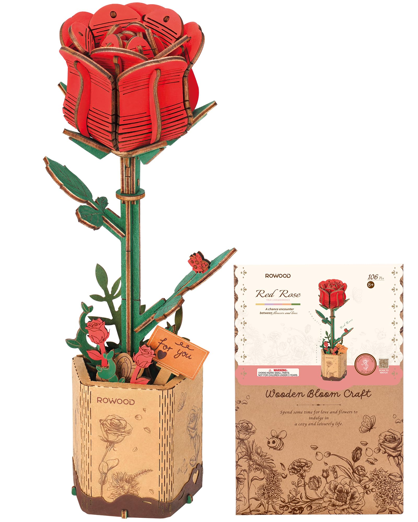 ROWOOD 3D Puzzle DIY Wooden Flower, Artificial Flowers Model Kits to be Assembled, Craft Set for Adults, Best Home Décor and Valentine Toy Gift Kit (Red Rose)