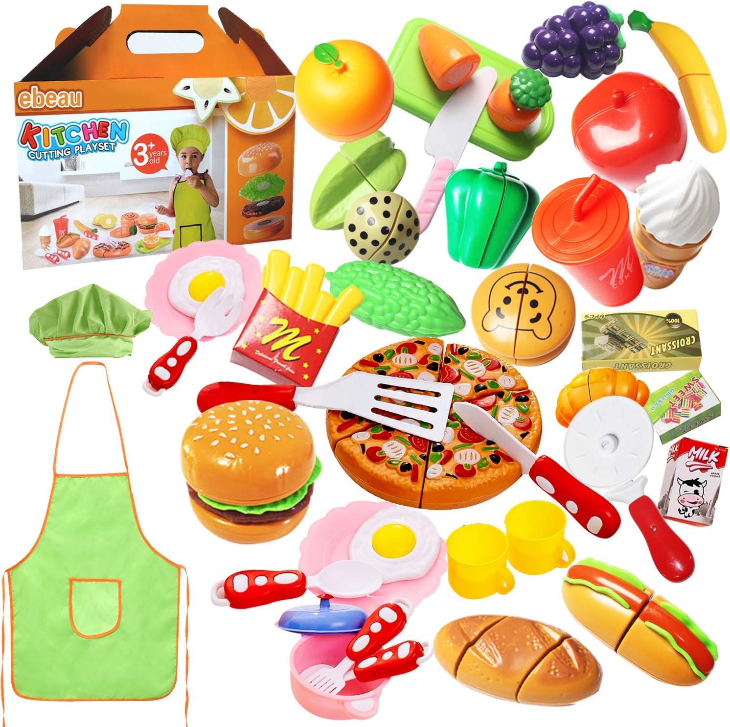 Play Food Set for Kids 40Pcs Pretend Cutting Fruits Food Playset Kitchen Cooking Sets Toys for Educational Learning Fake Plastic Foods for Toddlers Kids Girls Boys Inspiring Imagination with Apron Hat