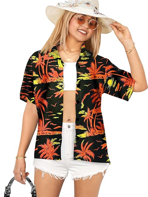 HAPPY BAY Women's Hawaiian Short Sleeve Blouse Shirt L Night View Palm Black