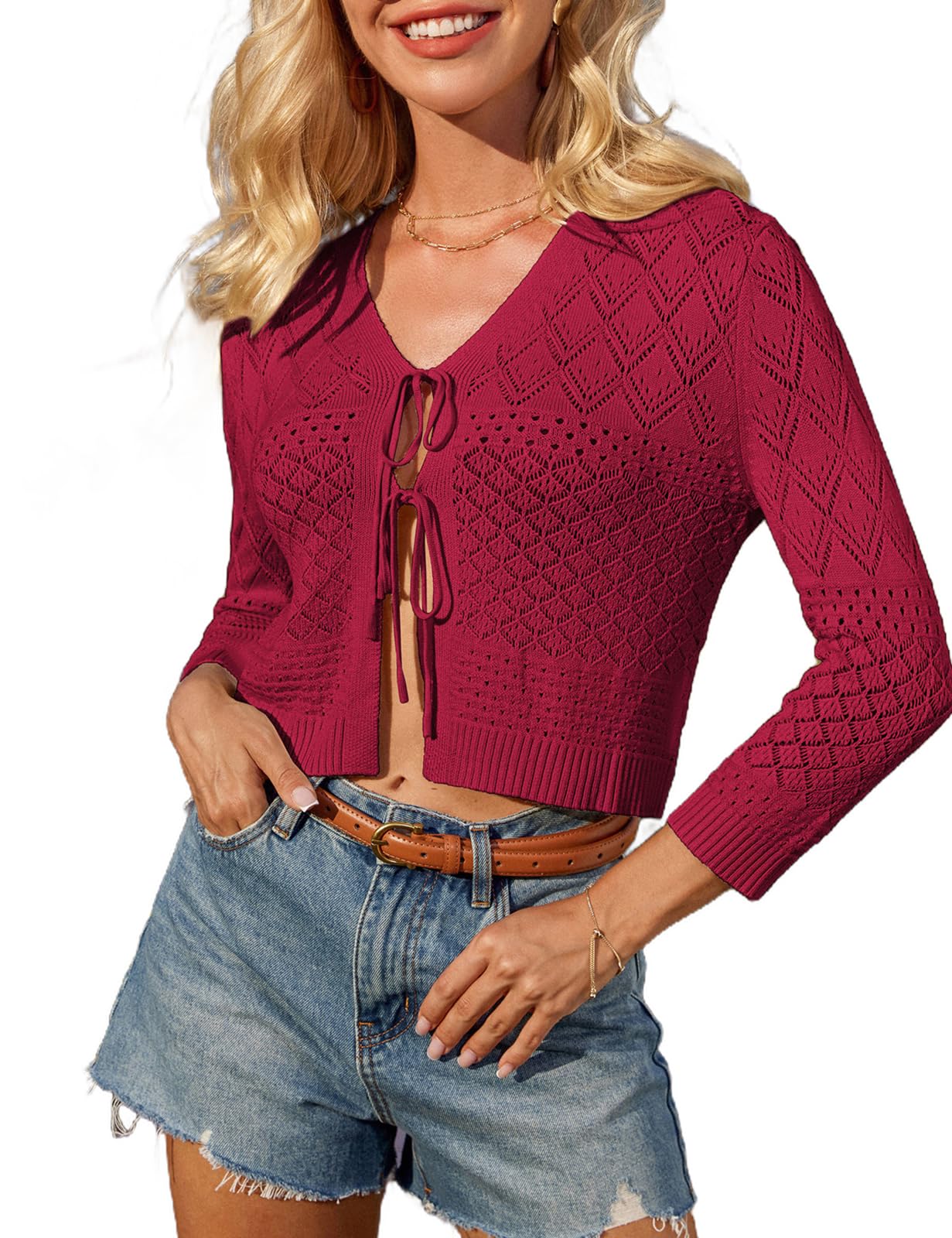 Photo 1 of 3/4 Sleeve Cardigan for Women Lightweight Tie Front 2025 Cropped Crochet Cardigan Knit Bolero Shrug Red L