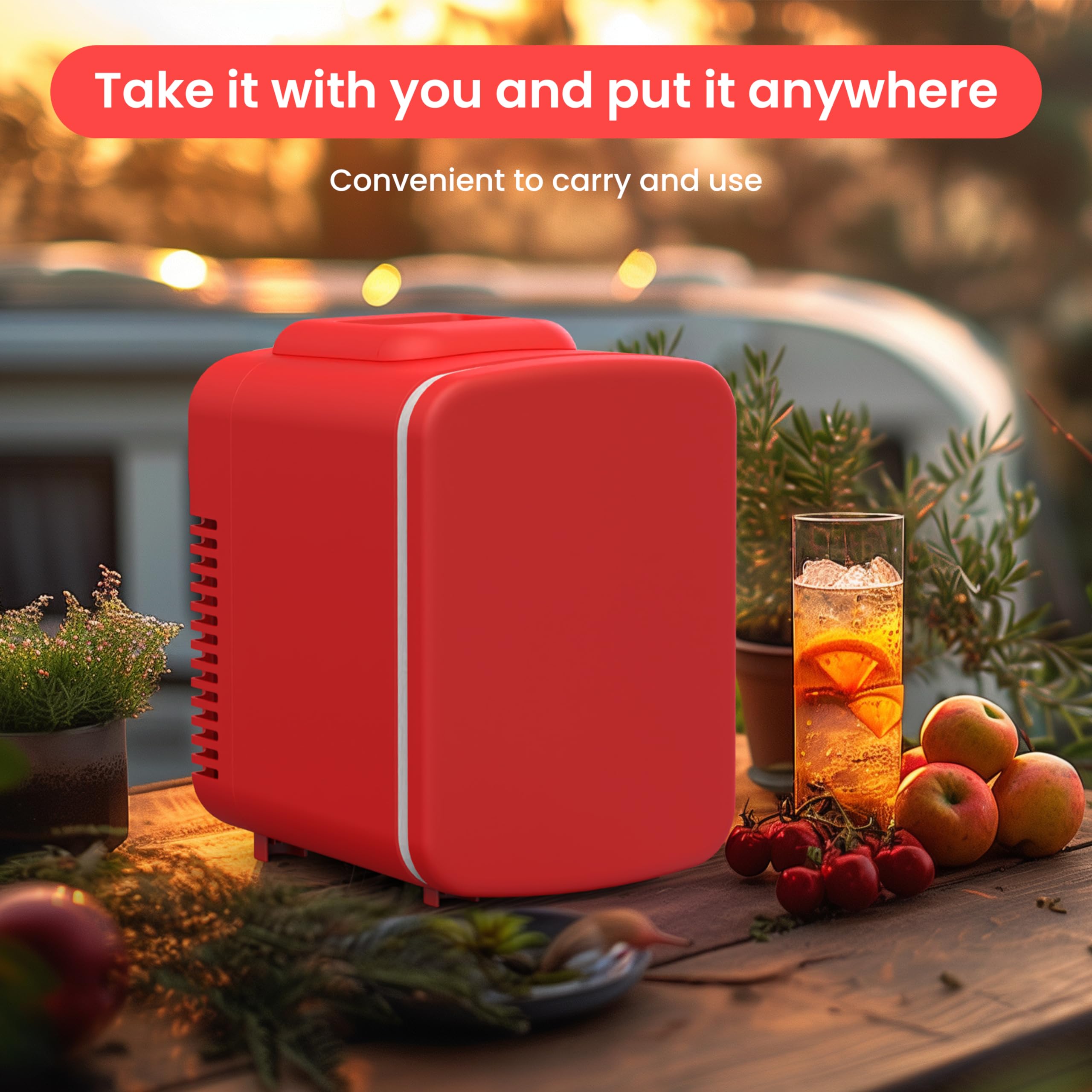 Simple Deluxe Portable Mini Fridge 4-Liter/6 Can 100% Freon-Free Cooler & Warmer Compact Refrigerator for Skincare, Cosmetics, Beverage, Food, 4L, Red