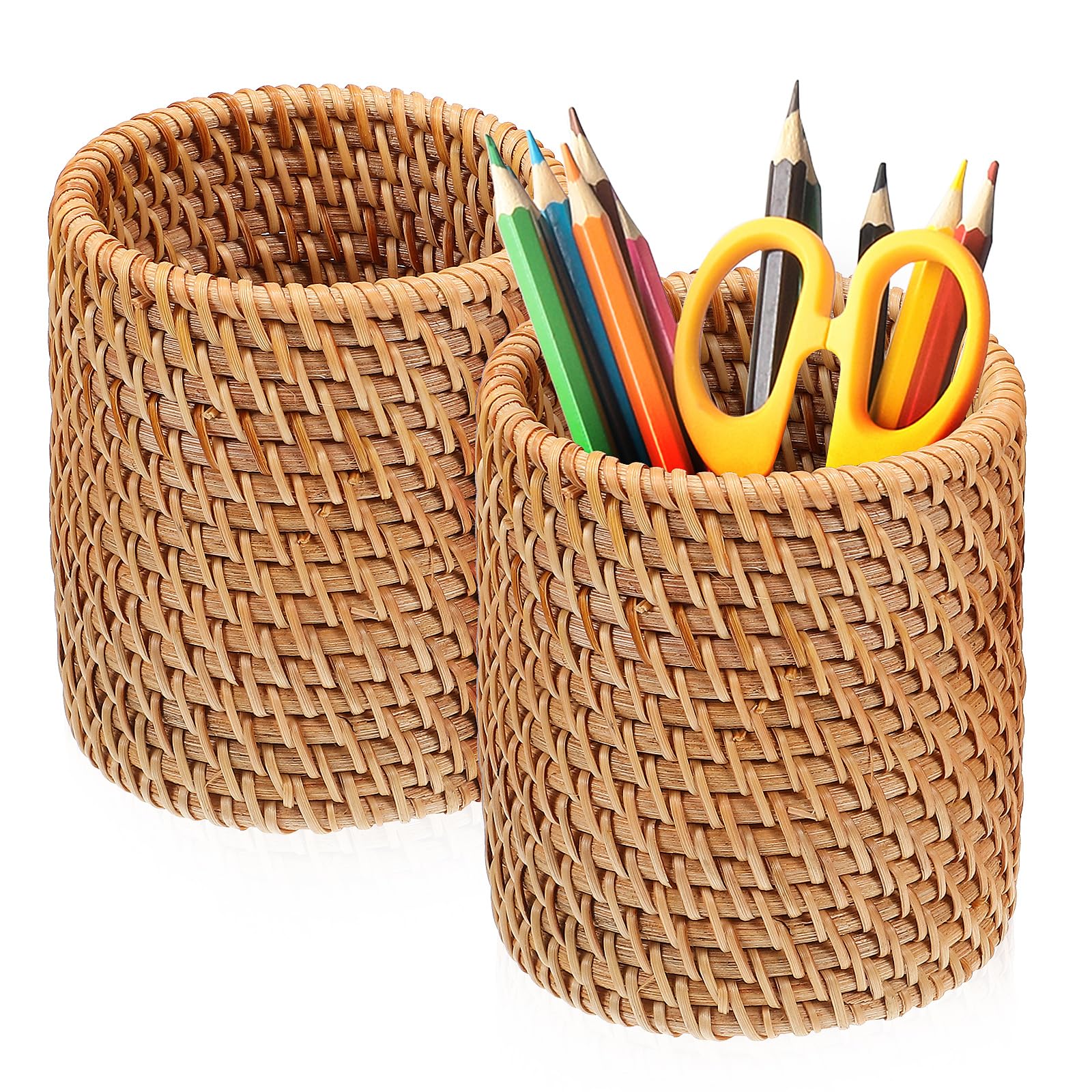 NUOBESTY Rattan Pen Holder for Desk 3 Inch Diameter Woven Pencil Pot Organizer Suitable for Office and Home Use