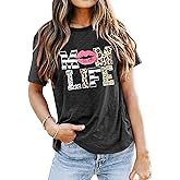 Women Mom Life T-Shirts Leopard Lips Stripe Graphic Shirts Funny Letter Printed Tee Mother's Day Casual Blouse