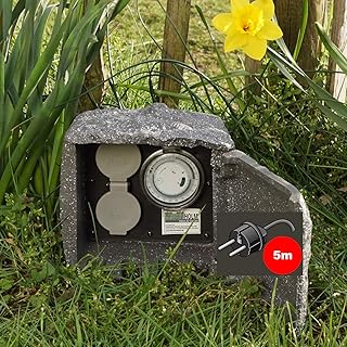 TRUTZHOLM Außensteckdose Stein 5m Kabellänge Steckdose 2-Fach mit Zeitschaltuhr Gartensteckdose Mehrfachsteckdose Steckerleiste Gartendose