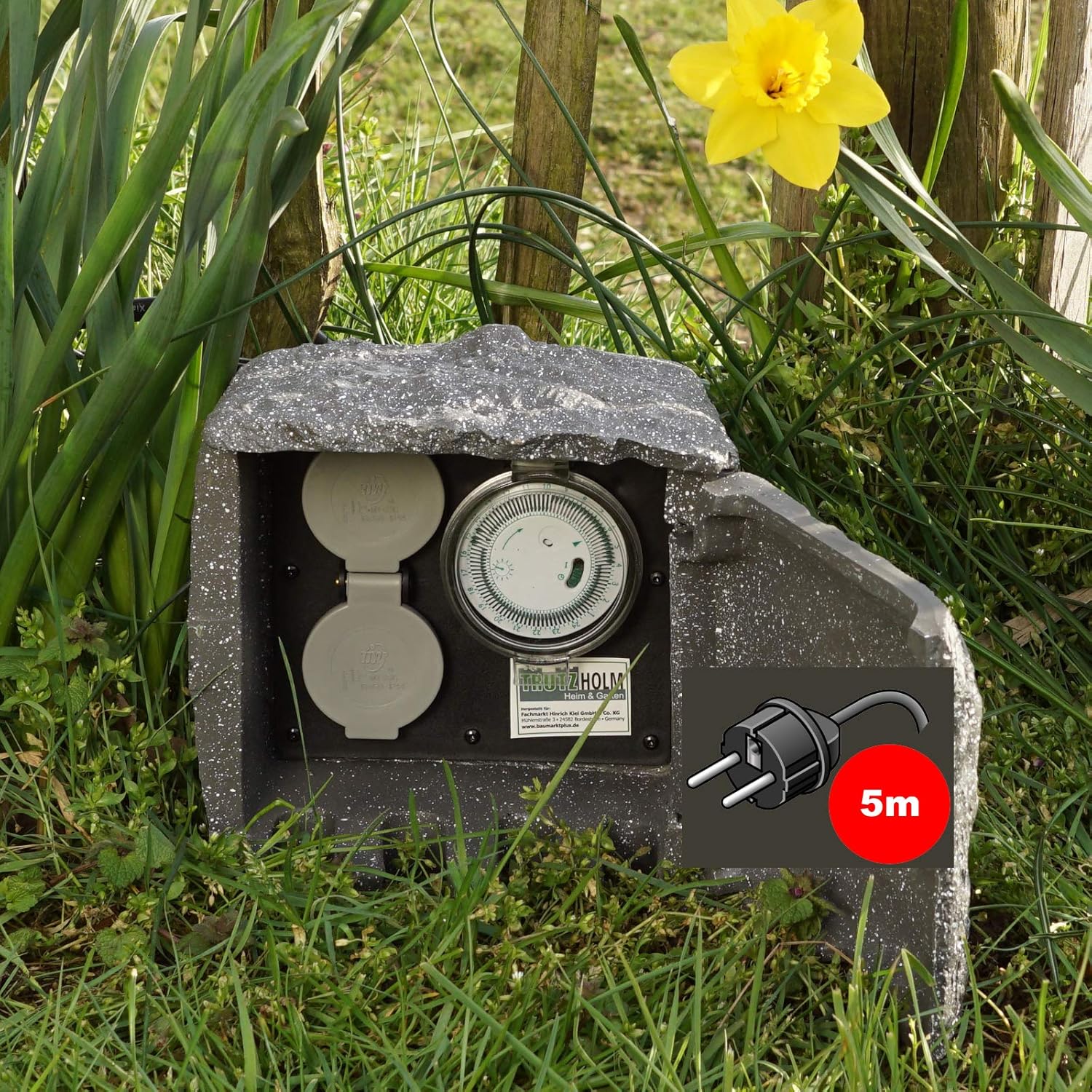 TRUTZHOLM Außensteckdose Stein 5m Kabellänge Steckdose 2-Fach mit Zeitschaltuhr Gartensteckdose Mehrfachsteckdose Steckerleiste Gartendose