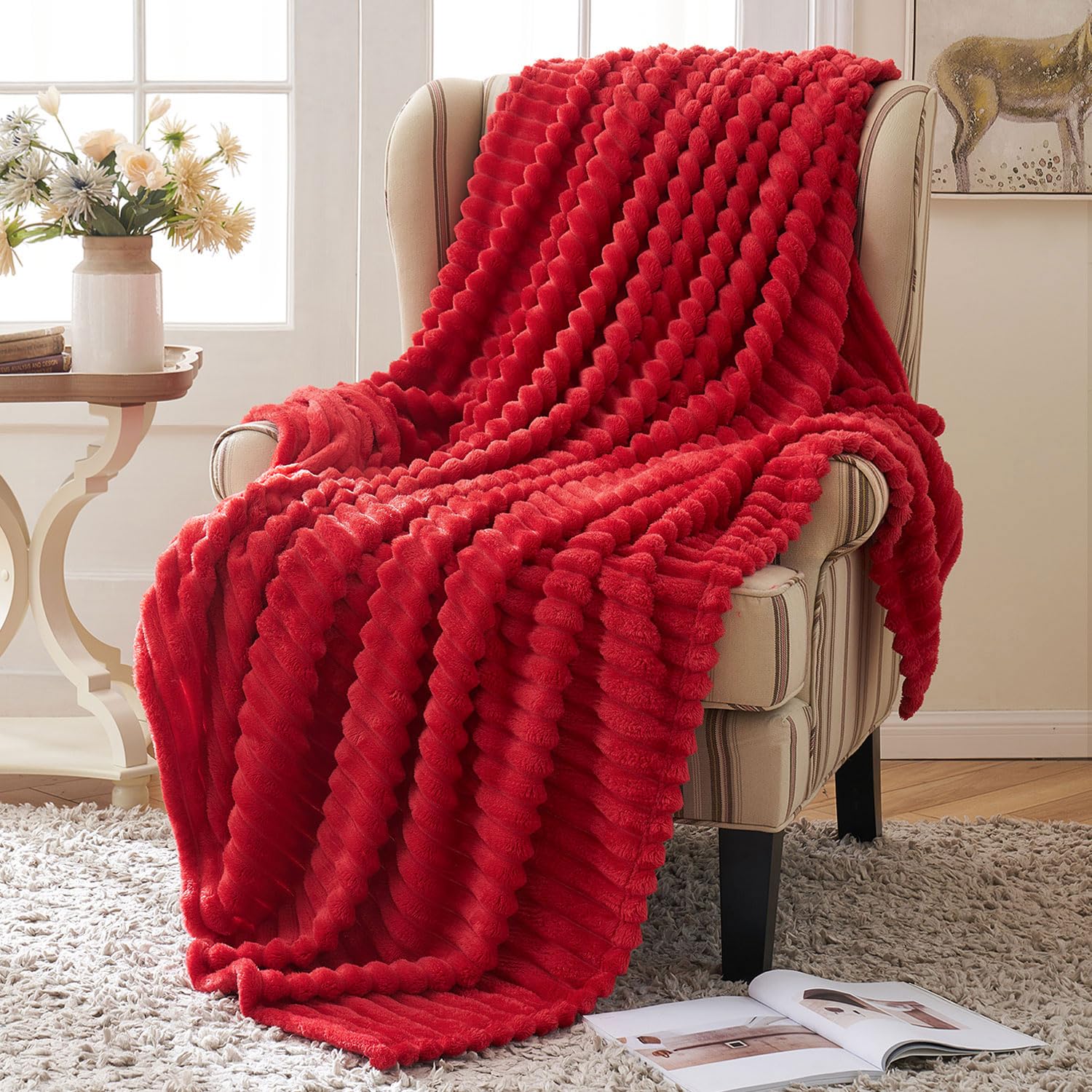 MIULEE Fleece Throw Blanket Flannel Soft Warm Comfortable Throws for Sofa Corduroy Fluffy Blanket Bed Throw for Bedroom Couch Travel Kids Bedroom Accessories 60 * 80Inch Red