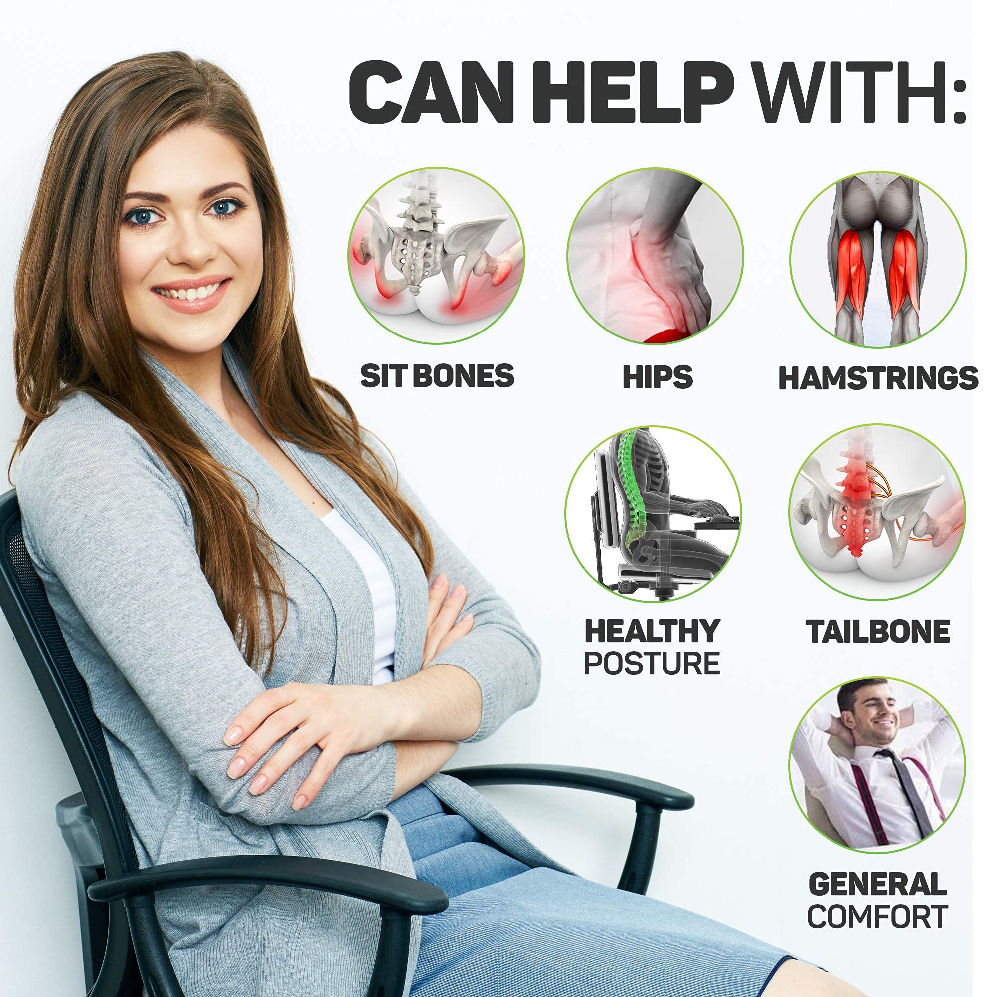Aylio Socket Seat Cushion for Sit Bone and Back Pressure Relief, Butt, Tailbone, Hip, Hamstring, Posture Support - Firm Memory Foam Comfort Ischial Tuberosity Pillow for Desk Chair or Car