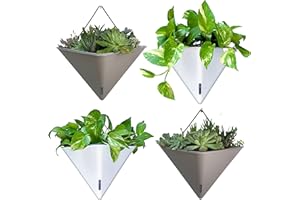 LÁLÁGREEN LaLaGreen Wall Planters - 4 Pack, 12 Inch Large Self Watering White and Gray Mixed Color Geometric Indoor Vertical Garden Plant Wall Hanging Flower Vase Vessel with Black Metal Hanger Modern Stylish