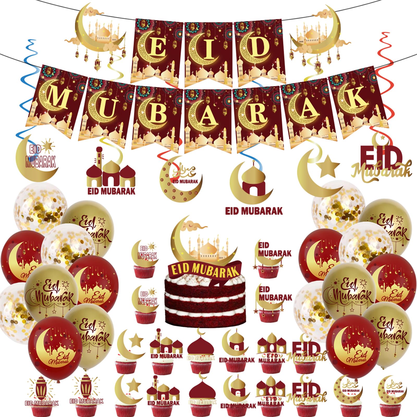 Eid Mubarak Decorations,Ramadan Decorations for Home-2Pcs Eid Mubarak Banners, 12Pcs Ramadan Balloons, 24Pcs Mubarak Cake Toppers, 6Pcs Star Moon Hanging