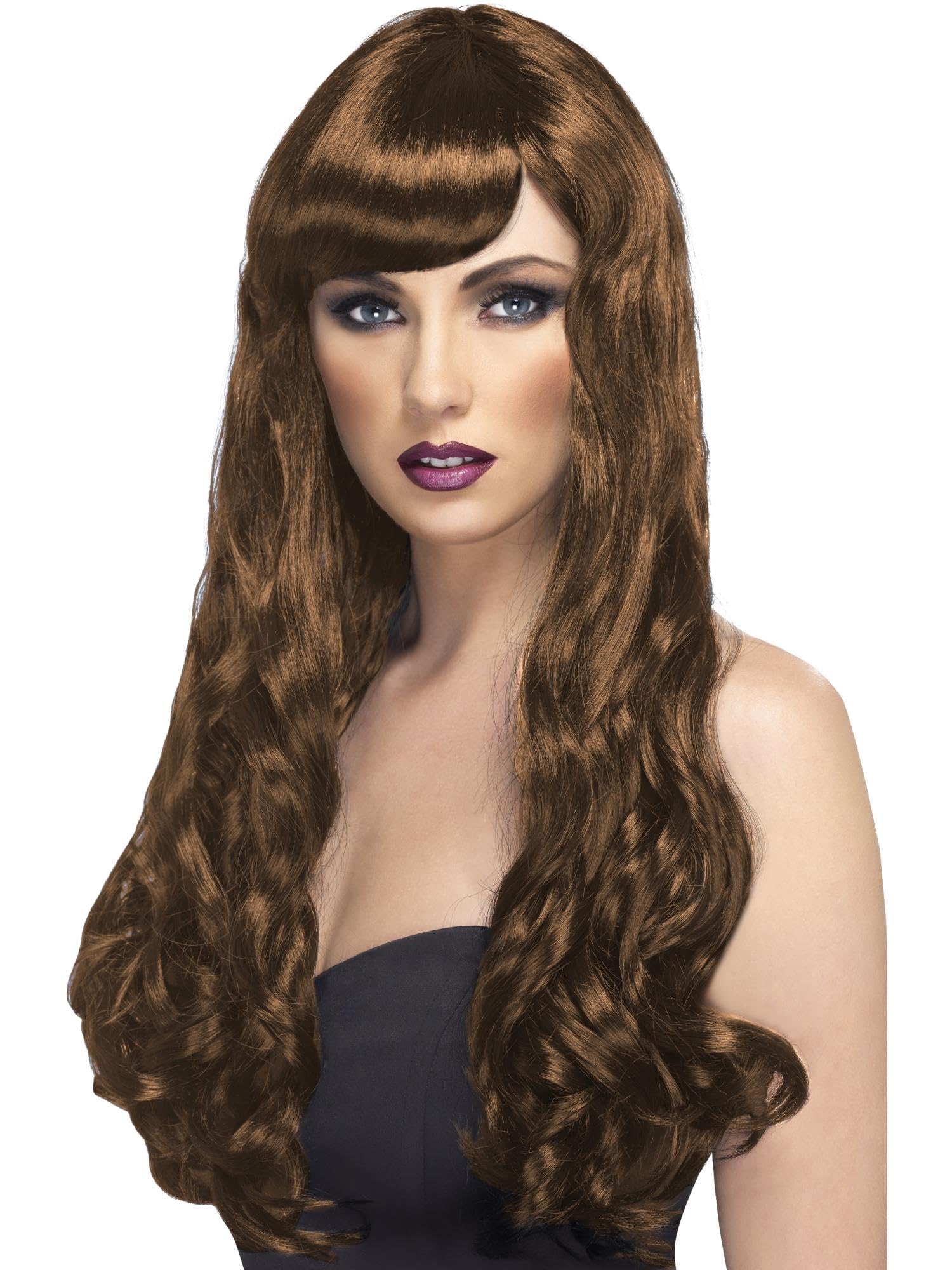 Smiffys Desire Wig, Brown Long, Curly with Fringe, Ladies Glamour Wigs Fancy Dress, Adult Dress Up Wigs