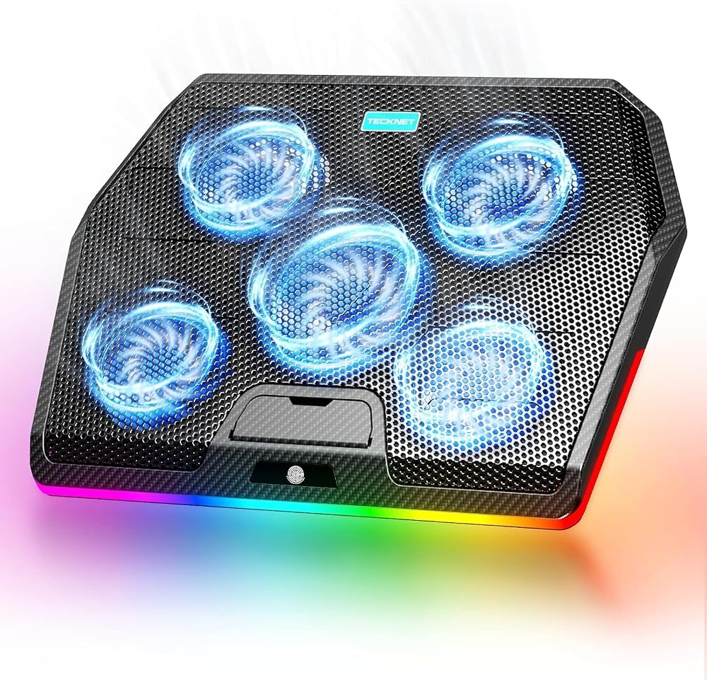 TECKNET Laptop Cooling Pad RGB 5-Quiet Fans 12-19 Inch with 2 USB Ports