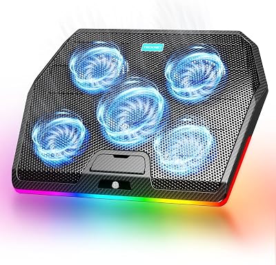 TECKNET Laptop Cooling Pad RGB 5-Quiet Fans 12-19 Inch with 2 USB Ports