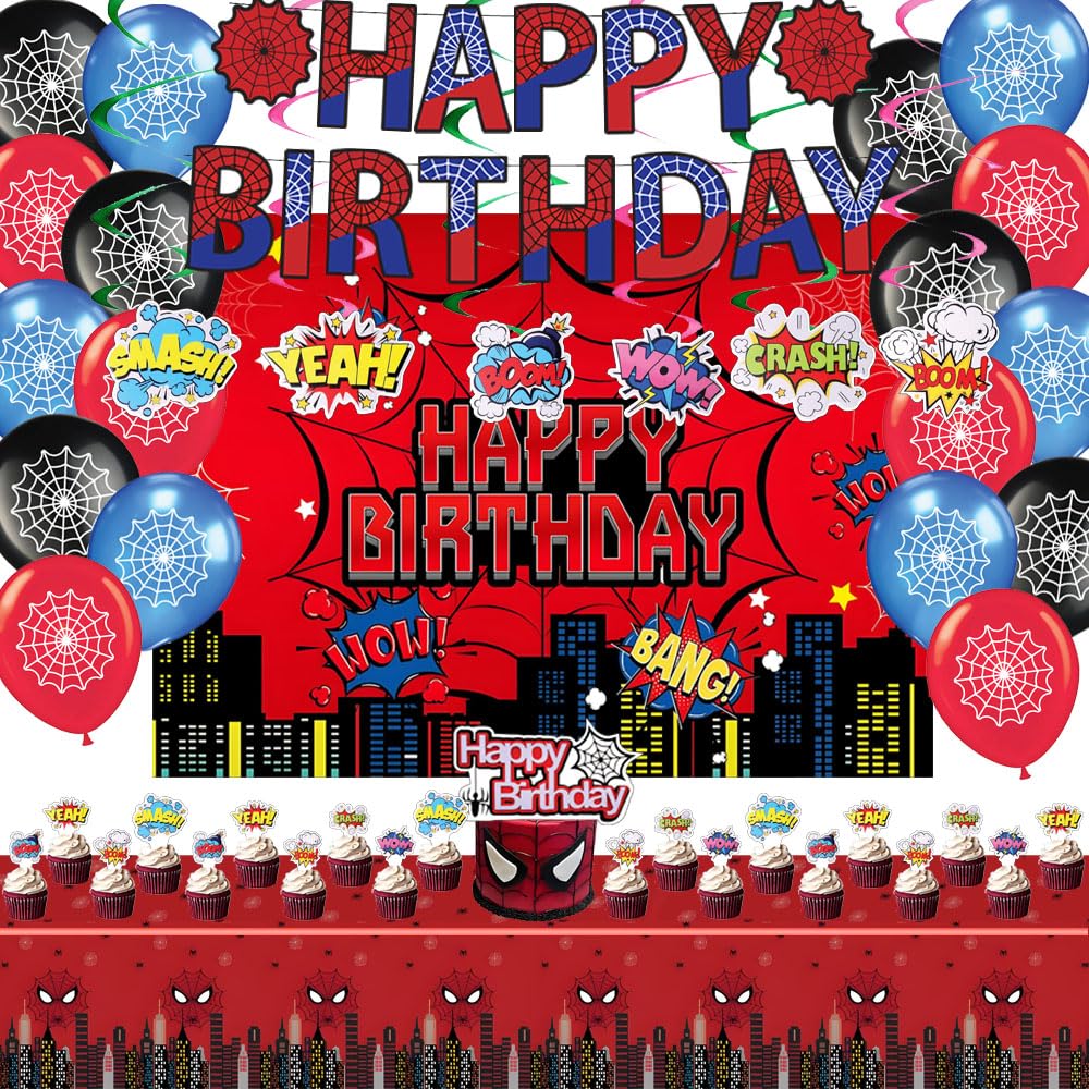 Photo 1 of Spider Theme Birthday Party Supplies, Spider Theme Party Decorations Including Birthday Banner, Backdrop, Balloons, Hanging Swirls, Tablecloth, Cake Toppers for Kids Party
