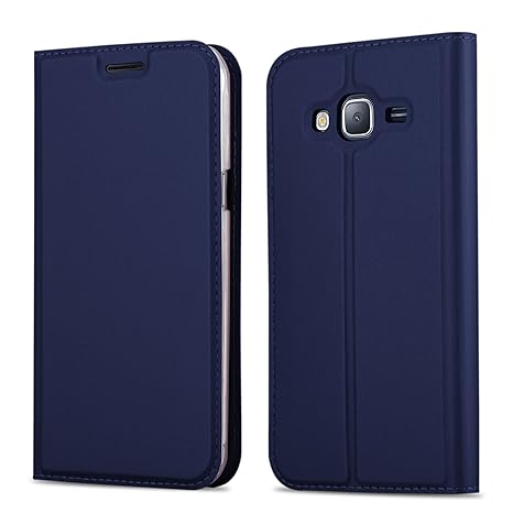 Cadorabo Hülle für Samsung Galaxy J3 2016 (6) - Hülle in DUNKEL BLAU – Handyhülle mit Standfunktion und Kartenfach im Metalli