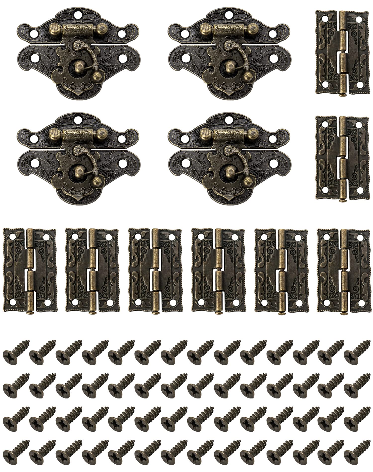 QWORK® 4 Sets Retro Hasps Latch Decorative Wood Jewelry Latch Box with 8 Hinges and 56 Screws