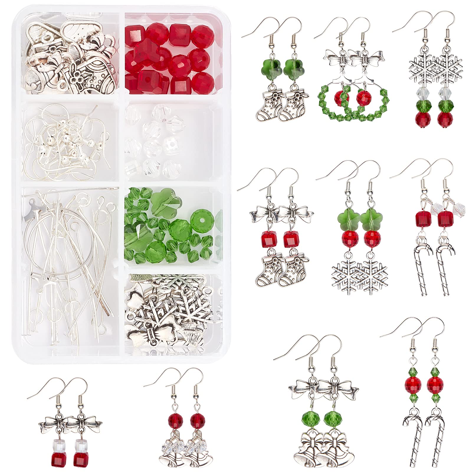 SUNNYCLUE 1 Box DIY 10 Pairs Christmas Electroplate Glass Beads Dangle Earring Making Kits Snowflake Bowknot Christmas Sock Candy Pendants Charms & Earring Hooks for DIY Jewerly Making Xmas Earrings