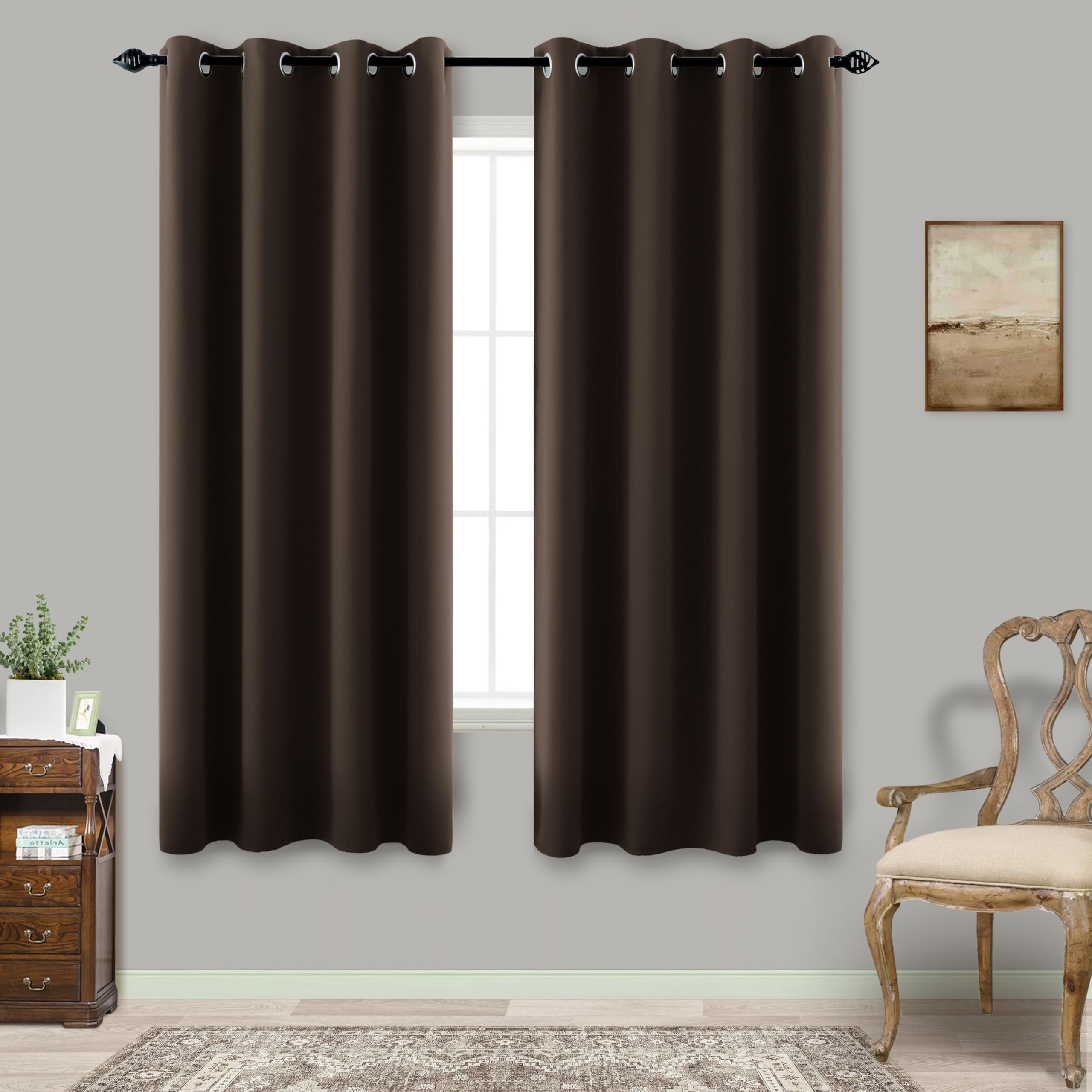 KOUFALL 63 Inch Length Brown Curtains 2 Panels for Bedroom,Grommet Blackout Drapes Window Darkening Thermal Insulating Dark Colored Vintage Curtains for Living Room 63 Long Coffee Color Chocolate