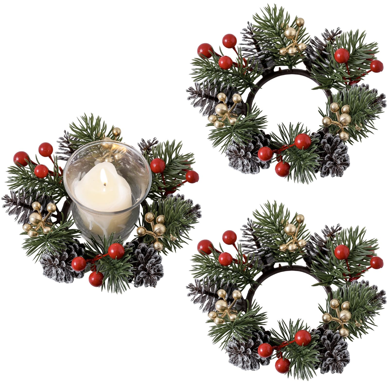 Photo 1 of 2 Pieces Christmas Candle Rings Wreaths,Artificial Flower Gold Red Berries Pinecones Snowy Pine Garland Winter Candle Holders, Christmas Wedding Home Table Centerpieces Decorations