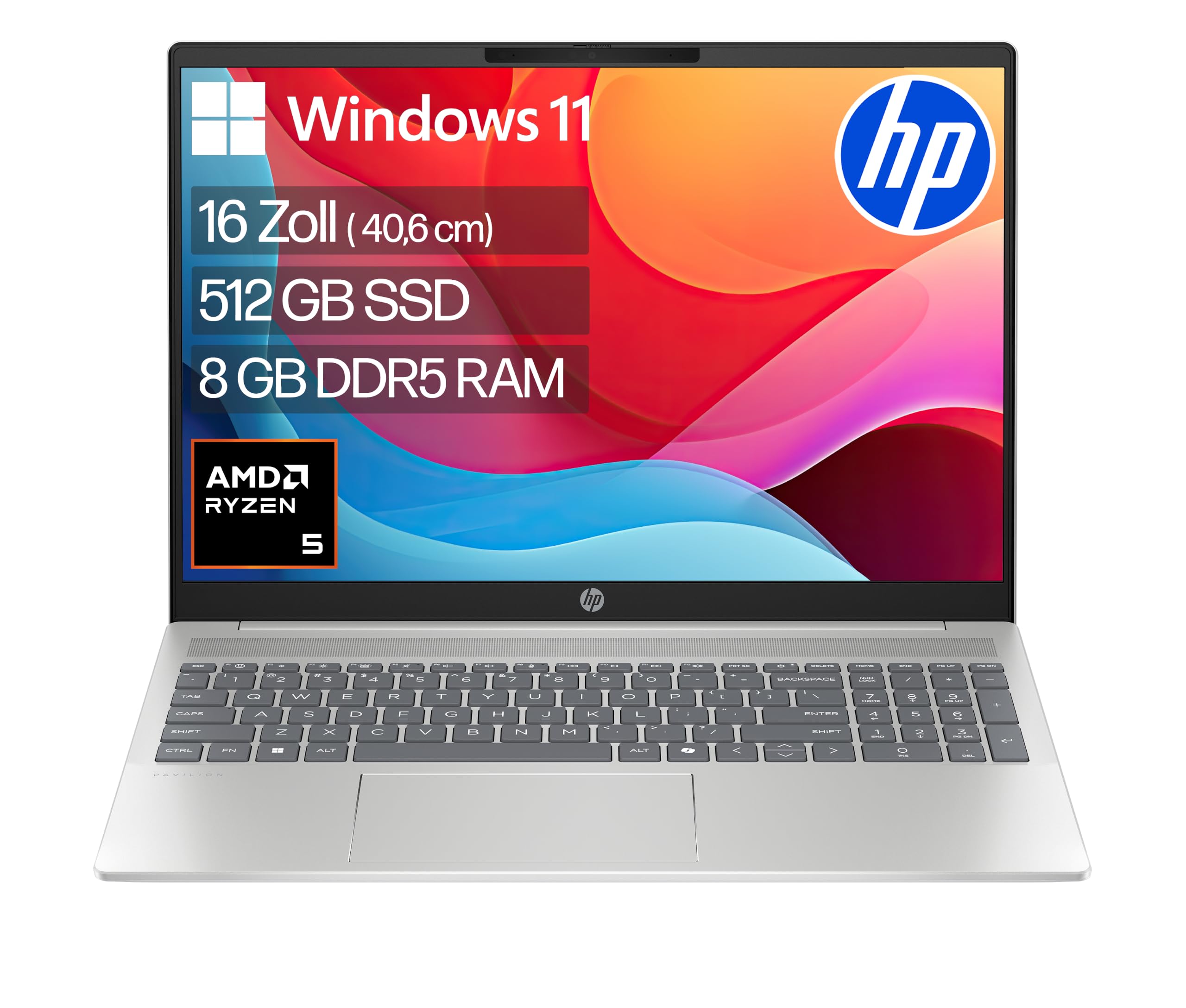 HP Pavilion Laptop, 16" WUXGA Touch-Display, AMD Ryzen 5 8540U, 8 GB DDR5 RAM, 512 GB PCIe NVMe SSD, AMD Radeon Graphics, QWERTZ, Windows 11 Home, Silber