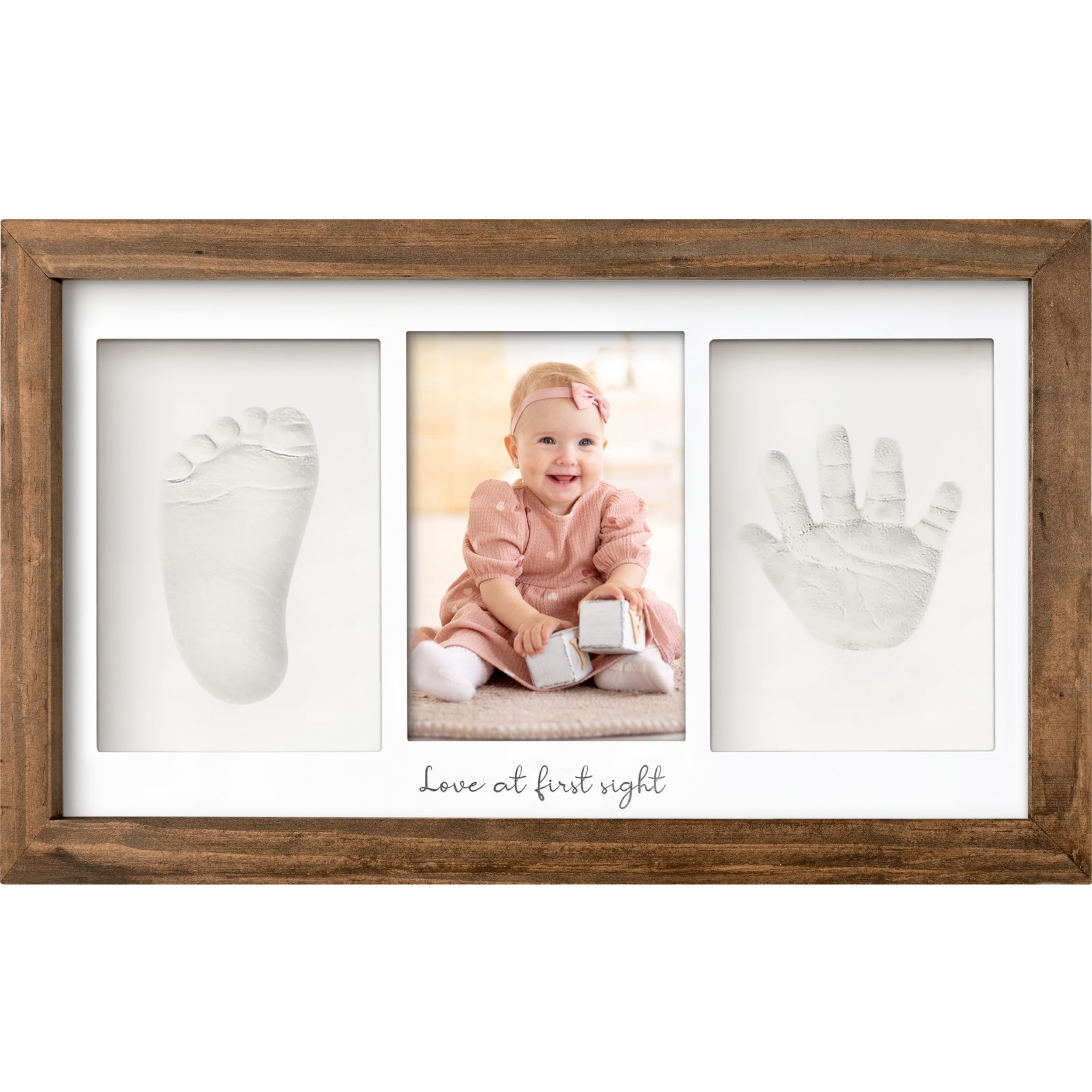 Photo 1 of Baby Hand and Footprint Kit - Clay Handprint Keepsake Frame, Newborn Nursery Picture Frame, Personalized New Mom Gifts for Baby Shower & Registry (Medium Oak)