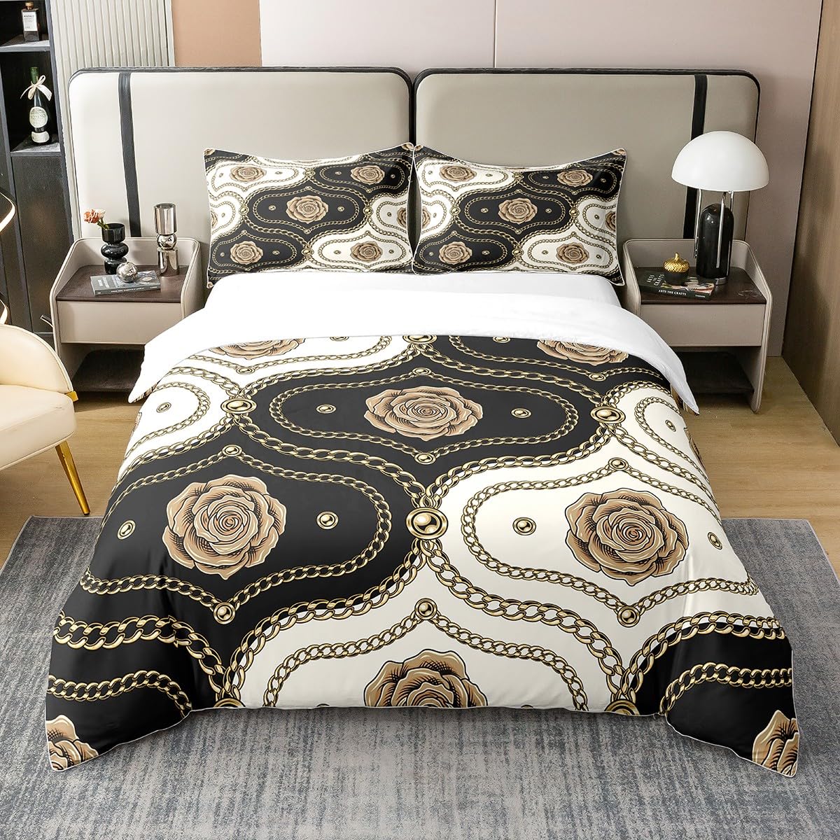 100% Cotton Gold Rose Bedding Set Single Black and White Damask Duvet Cover,Vintage Floral Luxury Baroque Style Comforter Cover for Girls Women Couple,Soft Breathable Comfy Quilt Cover