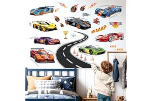 DECOWALL Race Car & Road Track Wall Decals – Large Sports Car Racing Theme for Boys Bedroom & Playroom – Peel and Stick Stick