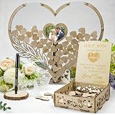 Wedding Guest Book Alternative, Rustic Heart Shaped Wooden Guest Book with 100 Wooden Hearts Tree for Wedding Party Birthday, Personalized Wedding Decor with Guest Sign-In Box &amp; Heart Frame for Photo