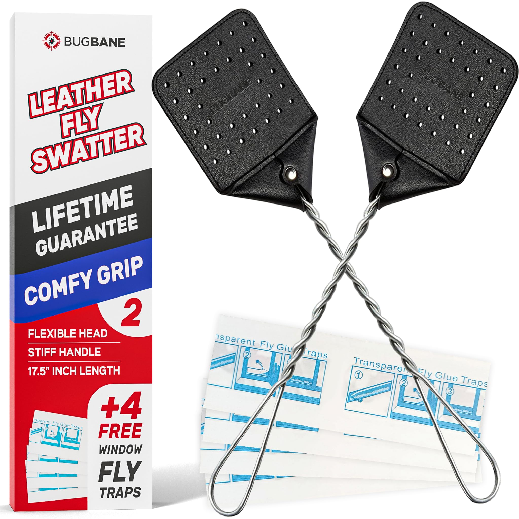 Photo 1 of 2 Leather Fly Swatter for Indoors. Long Handle, Heavy Duty Fly Swatter Manual Multi Pack. Flyswatters Heavy Duty Flyswatter 2 pack. Flies Swater Includes 4 Sticky Window Bug Traps. Mata Moscas Outdoor