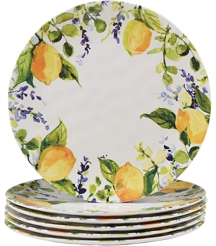 Le Cadeaux Palermo Melamine Salad Plates, Set Of 4 - 9" Shatter-Resistant, Lemon Pattern