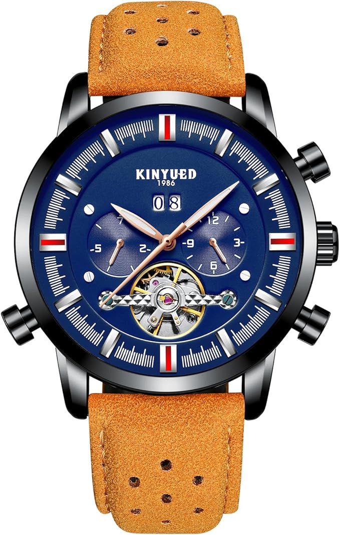 Amazon Co Jp スイスtourbillon自動ビジネス中空ファッションメンズレザーwatches Nightlights Black Blue Brown 腕時計