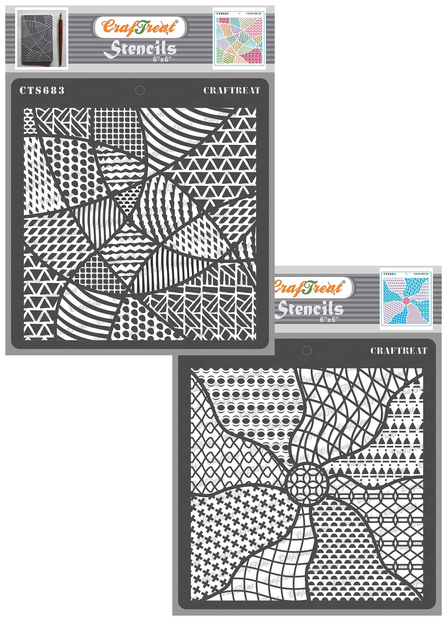 CrafTreat Reusable Mixed Media Stencils for Painting on Wood - Enclosed Patterns and Patterned Sun Rays - 2 Pcs - 6X6 Inch - Art Journal Stencils for Adults - Pattern Stencils for Drawing