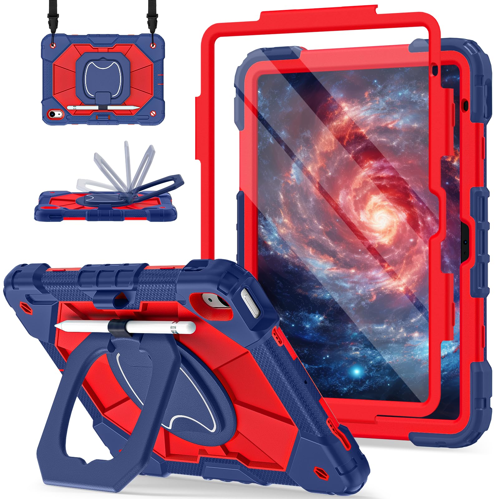 Photo 1 of Scnioy Case for iPad (A16) 11th Generation 11 Inch (2025), iPad 10th Generation Case 10.9 Inch (2022), Shockproof Cover with 360° Rotating Stand Screen Protector Pen Holder Shoulder Strap, Navy Red