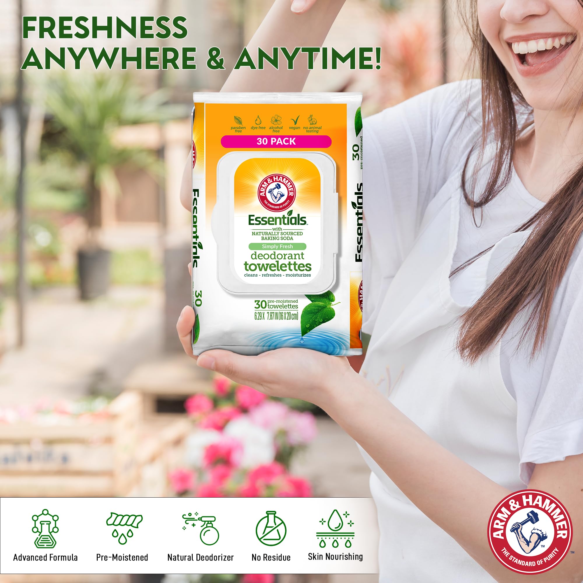 Arm and Hammer Face and Body Wipes for Adults - Deodorant Towelettes 30 Sheets for Women - Shower Wipes for Traveling, Camping, Gym, and Bathing - Alcohol-Free Face Sheets (Simply Fresh)