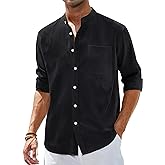 Alimens & Gentle Men's Cotton Linen Shirts Long Sleeve Button Down Shirt Band Collar Beach Shirts