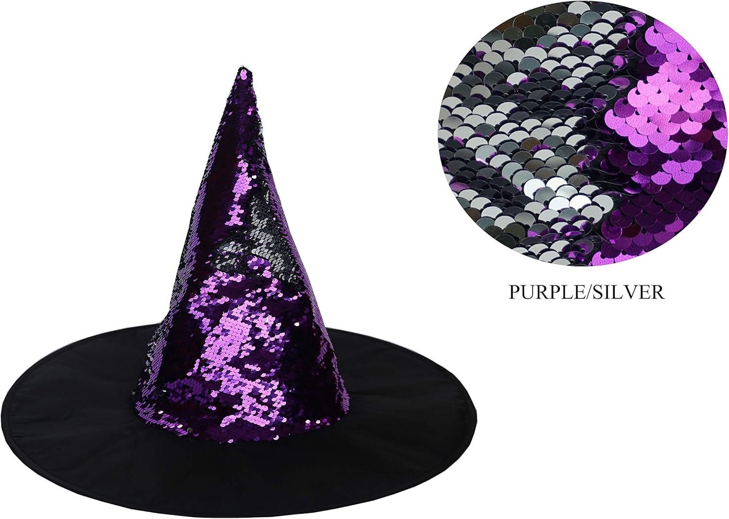 Reversible Sequin Witch Hat. Reversible Sequin Costume Party Hat. (Purple & Sliver): Clothing